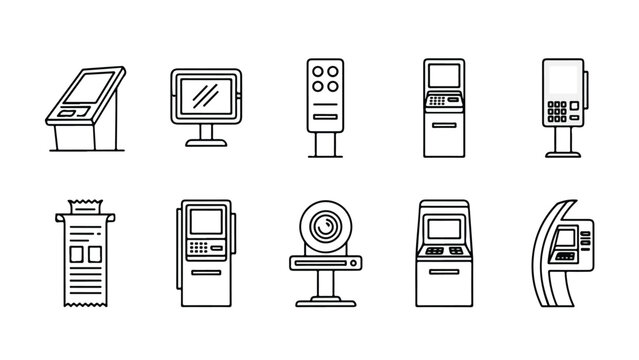 Line drawings of various automated teller machines and financial terminals on a white background.