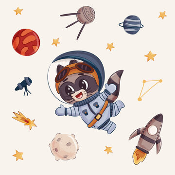 Cute Raccoon Astronaut Cartoon Space Vector Illustration