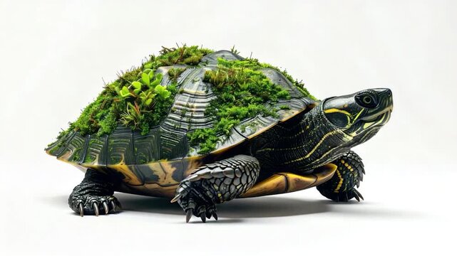 A turtle, its shell covered with lush green moss and plants, stands against a white backdrop