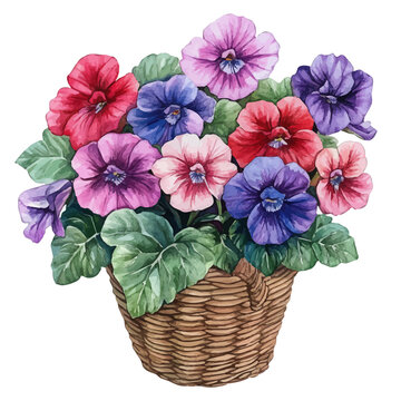 watercolor of Gloxinia Bouquet In A Basket A painting, isolated on a white background.