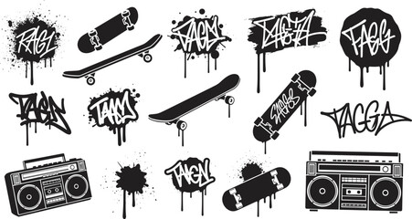 Graffiti Urban Street Elements Set with Skateboards Boombox Tags and Spray Paint Drips for Hip Hop Culture Design Grunge Background and Creative Artwork © Rashidul