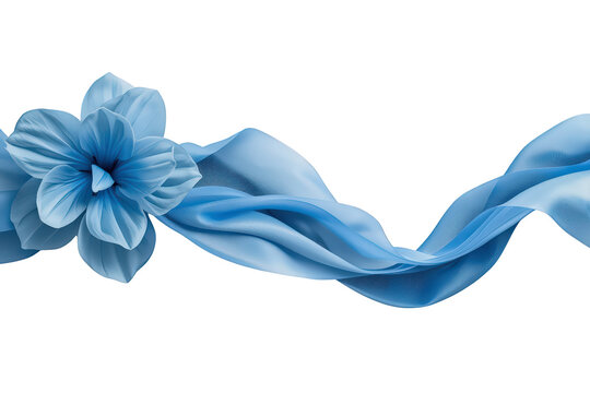 Blue flower and flowing silk ribbon creating elegant wave design element on transparent background