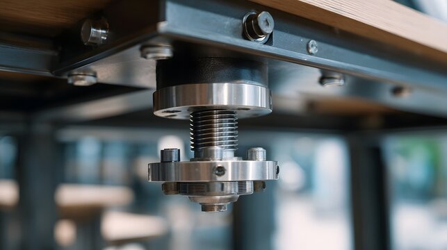 Close up angled view of an industrial metal screw jack mechanism supporting a wooden table in a modern workspace