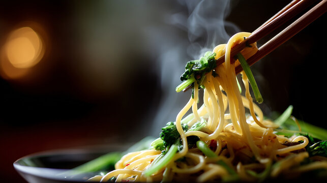 close-up of chopsticks lifting noodles into mouth, steam rising