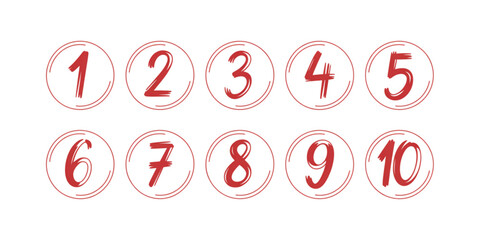 A collection of ten handwritten numbers from one to ten enclosed in elegant red circular frames Vector © MDSOPON
