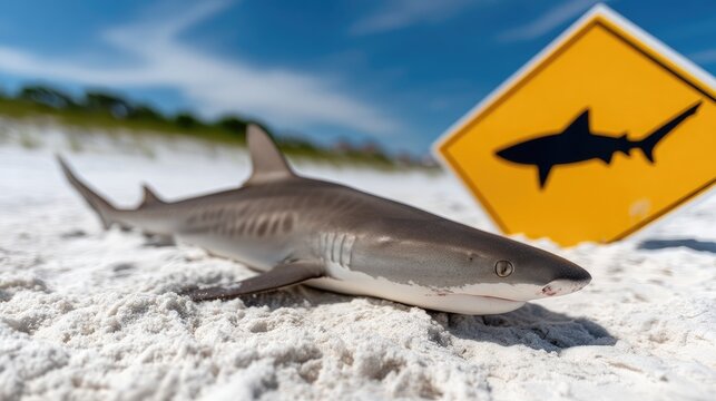 Yellow and black shark warning sign on a beach with a shark model in the sand during a sunny day near the water