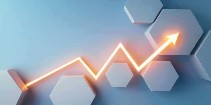 Business glowing arrow graph over hexagon blocks showing growth and innovation corporate strategy
