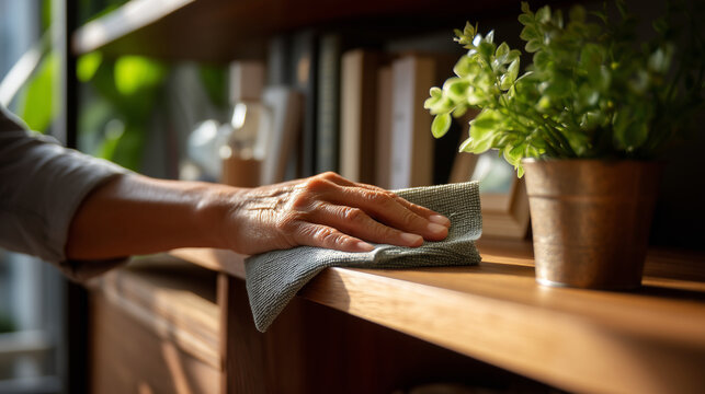Close-up of a caregiver's hand (faceless) dusting a wooden shelf in a tidy living room, Dignified Help at Home, soft afternoon sunlight, sharp focus on the microfiber cloth and dus