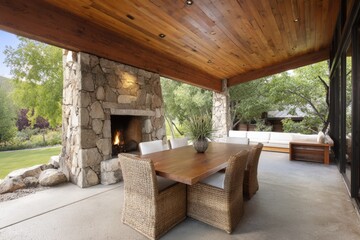 Fototapeta premium Covered outdoor dining space with stone fireplace wicker chairs wooden table and cushioned sofa facing landscaped lawn and trees under cedar ceiling