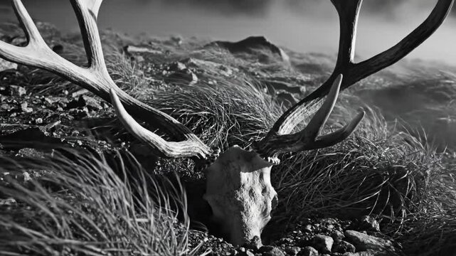 Black and white close up of a deer skull and antlers resting in long grass on a rocky mountainside