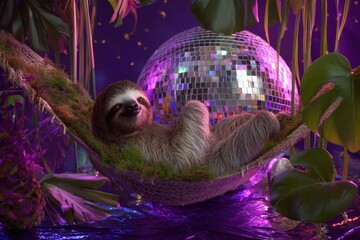 Obraz premium Sloth on moss hammock with large disco ball in neon tropical night dreamy serene cozy whimsical
