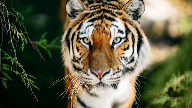 Majestic tiger resting among greenery staring intensely through leaves expressing calm authority and primal elegance within natural habitat