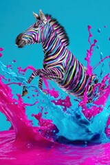 Fototapeta premium Zebra leaping through cyan magenta paint splash with multicolored painted stripes neon highlights surreal dynamic motion and playful liquid burst