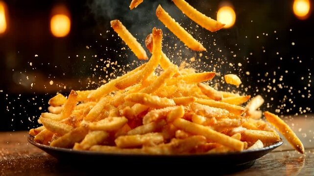Golden fried potatoes flying in dramatic slow motion above dark table creating appetizing food scene with crispy texture and warm restaurant lighting