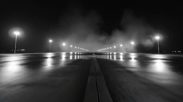 Low angle black and white shot of an empty wet airport runway at night with streetlights and fog