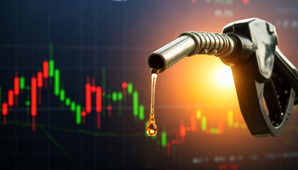 Surtidor de gasolina vertiendo combustible con fondo de gráfico financiero concepto de precio del petróleo, mercado energético, inversión, fluctuación de precios de gasolina gasoil y economía global 