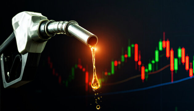 Surtidor de gasolina vertiendo combustible con fondo de gr&aacute;fico financiero concepto de precio del petr&oacute;leo, mercado energ&eacute;tico, inversi&oacute;n, fluctuaci&oacute;n de precios de gasolina y gasoil y econom&iacute;a global