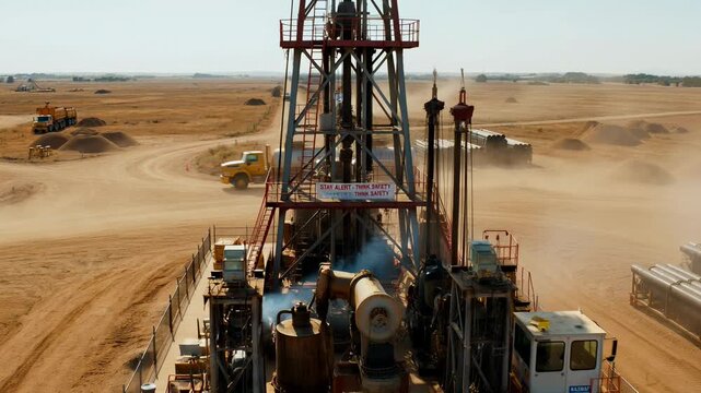 Drilling Rig in Industrial Landscape: A towering drilling rig stands tall in a vast, arid industrial landscape under a clear, endless sky.