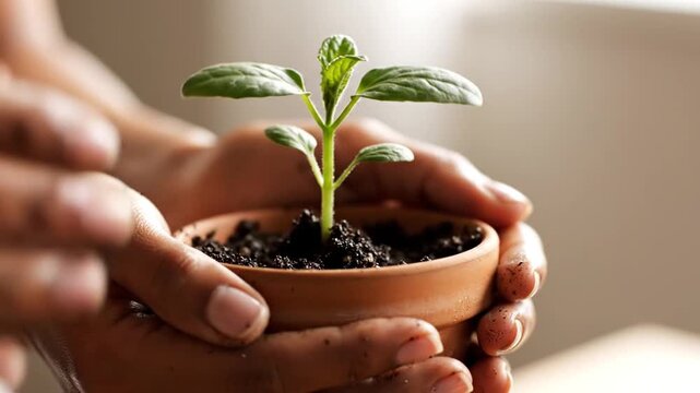 Close up hands planting small green plant in pot