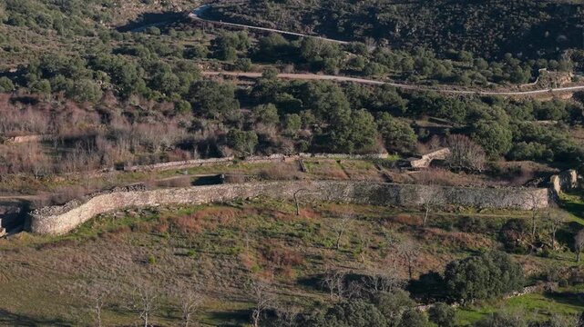 Aerial perspective of the ancient Castro of Yecla la Vieja, a Vetton archaeological site with stone walls surrounded by lush holm oak forest in Salamanca, Spain