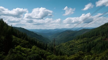 Fototapeta premium Expansive green forested mountain valley under a bright blue sky with puffy clouds with power lines crossing the scenic vista