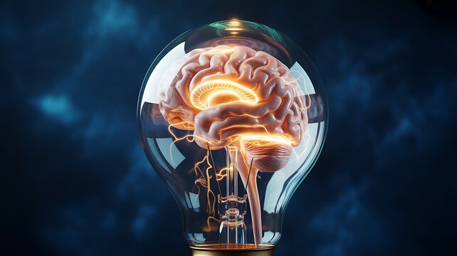A glowing human brain encased inside a glass light bulb representing innovation and intelligence