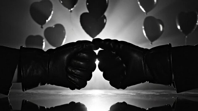 Black and white shot of gloved hands fist bumping towards light with heart shaped balloons