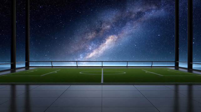 A football field under the starry sky, with an epic view