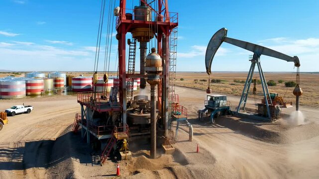 Energy Extraction in the Desert: A panoramic view of an oil field in a arid landscape, with drilling equipment and storage tanks.