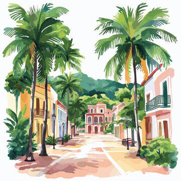 Place des Palmistes. Place des Palmistes hand drawn watercolor illustration