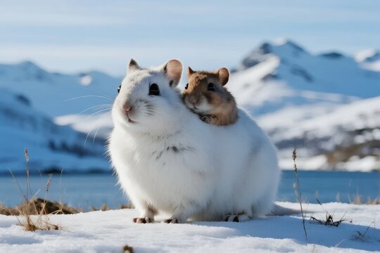Two gerbils in snowy landscape with mountains and lake in background