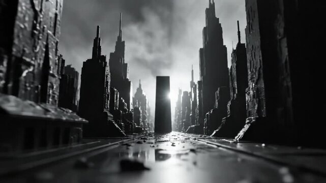 Black and white cityscape with reflections creating an ominous atmosphere, featuring a tall obelisk in the center