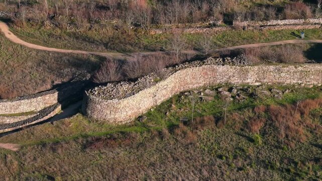 Aerial view of the ancient Yecla la Vieja castro, a vetton archaeological settlement featuring defensive stone walls and ruins in Yecla de Yeltes, Salamanca, Spain
