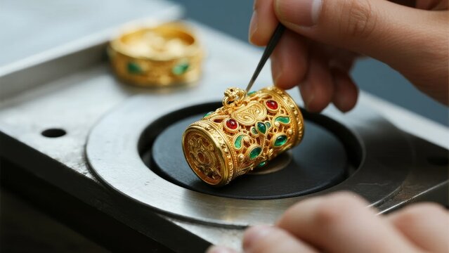 Artisan crafting a gold jewelry piece with gemstones using precision tools