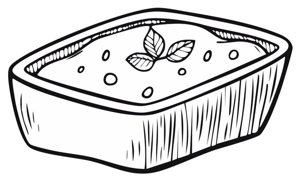 Hand-drawn illustration of a casserole dish with a food item and leaf garnish in monochrome black and white