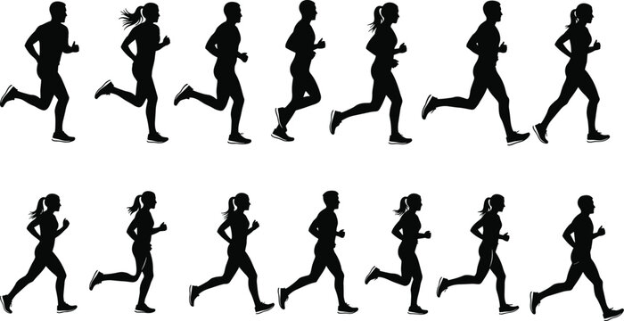 Black vector illustration set featuring silhouettes of women and men in fitness, running, and dance action poses, depicting a diverse evolution of athletic female body outlines in competition