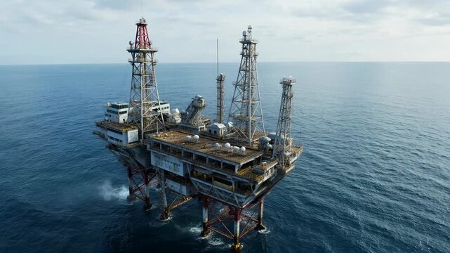 Offshore Oil Rig at Sea: A towering offshore oil rig stands tall amidst the vast expanse of the ocean, representing energy and industry, this captivating image highlights the scale of human endeavor.