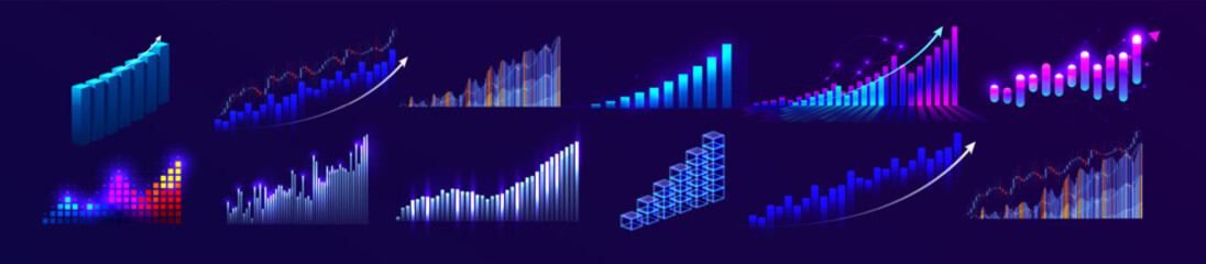 Fototapeta premium Financial Growth Analytics Bars Icon Set, Fintech Rise Chart Logo, Business Profit Up Chart Stock Candle. Benefit Development Invest, Money Inflation, Business Sale Plan Signs. Vector Illustration