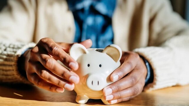 Person putting coin into ceramic piggy bank on wooden table representing savings investment planning financial security and personal budgeting habits