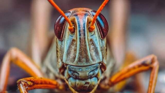 Extreme macro portrait of vibrant grasshopper revealing intricate eyes antennae and colorful exoskeleton highlighting wildlife biodiversity and natural detail