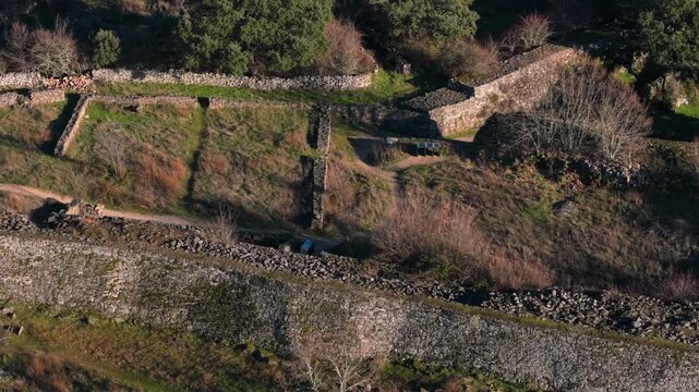 Aerial view flying over the pre roman vetton settlement of Yecla la Vieja, an ancient archaeological castro located in the Spanish municipality of Yecla de Yeltes