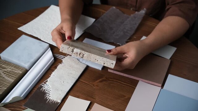 Architect measuring looking at stone samples and finishes for home decor and layout design, table top 4k stock video
