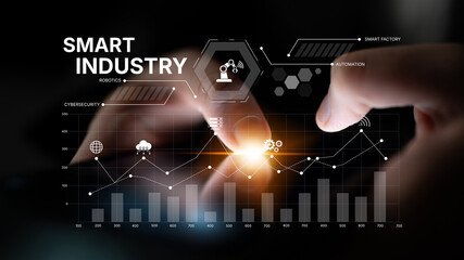 Obraz premium Smart industry dashboard combining automation, robotics, cloud integration, cybersecurity, and data analytics to support intelligent factory systems and real-time monitoring Latch