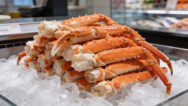 Bright orange thick raw crab legs in a modern supermarket fish counter