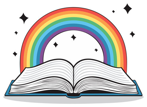 Open book with a rainbow and stars, vector illustration for children's book cover or educational design, colorful illustration, magic and imagination