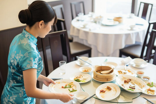 中華料理店の円卓で空いた皿を下膳する女性スタッフ