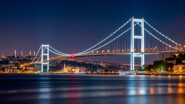 Illuminated 15 July Martyrs Bridge in Istanbul at Night Connecting Continents with Urban Architecture and Scenic Skyline Reflection
