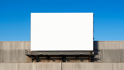 Obraz premium Blank Rectangular Billboard Mounted on Industrial Exterior Wall Against Clear Blue Sky Representing Business Opportunity and Marketing Potential for Advertisements