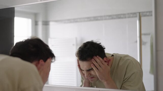 A man washes his face at the bathroom sink, rinsing himself off after shaving his beard.