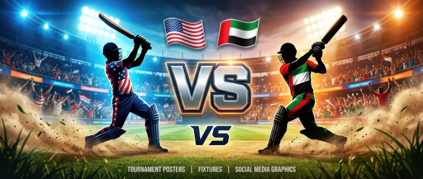united states vs united arab emirates dynamic cricket match poster template featuring two rival batters facing off with raised bats